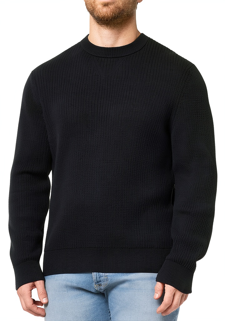 BOSS Basket Weave Knit Pullover Lightweight Sweater Mens displayed on a wooden table with packaging